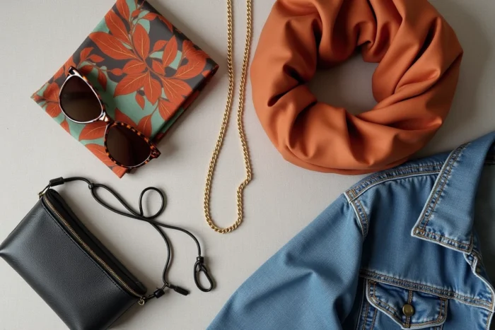 Flat-lay des accessoires de mode tendance de la saison : lunettes écailles, foulard en soie, sac en cuir et veste en denim sur fond lin gris clair