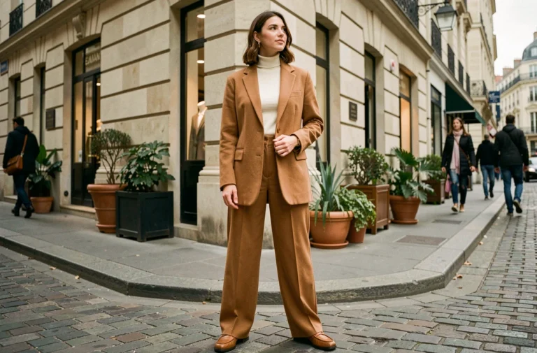 Jeune femme portant un blazer camel oversize et un pantalon large, photographiée dans une rue pavée parisienne pour illustrer les tendances mode automne-hiver