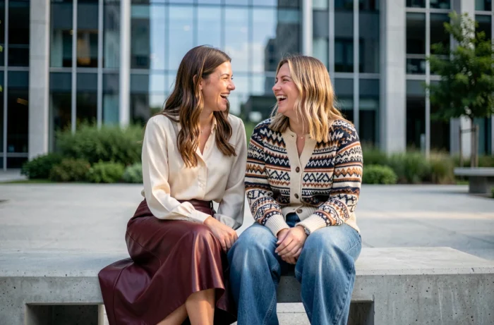 Deux femmes aux styles mode contrastés assises sur un banc urbain moderne, tendances mode printemps été