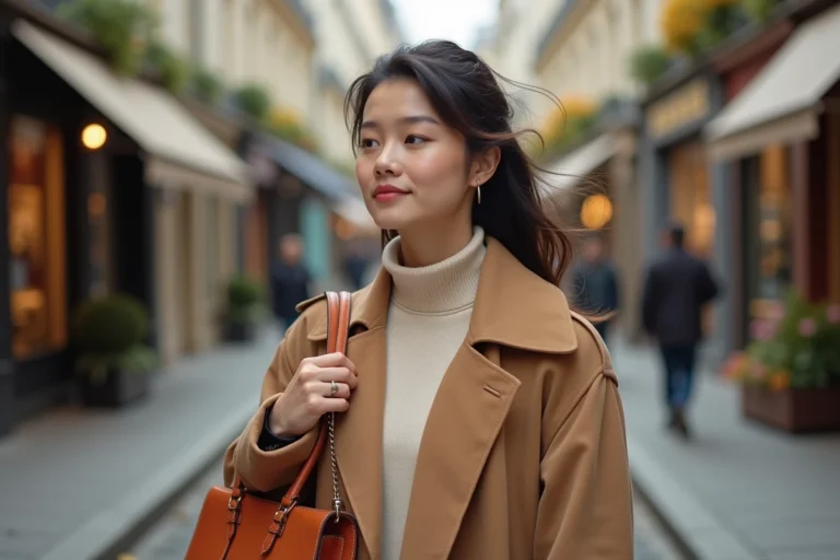 Femme tendance en trench camel et sac en cuir cognac dans une rue parisienne en automne, mode femme incontournable de la saison