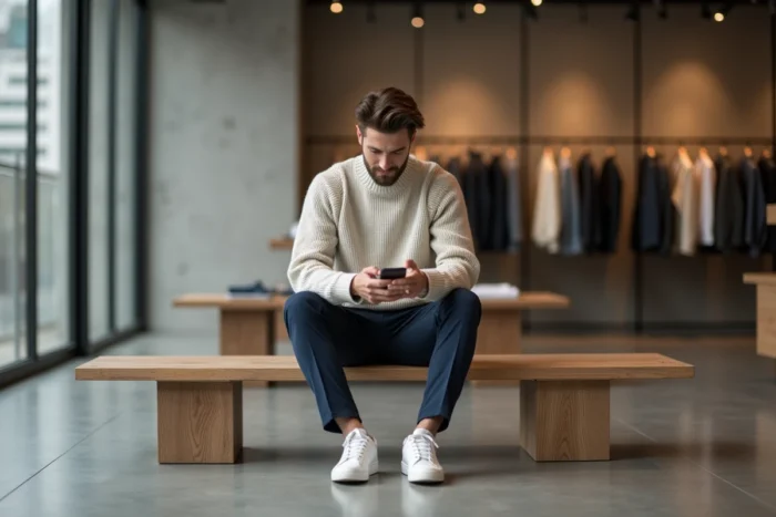 Homme stylé en pull en maille blanc cassé et sneakers blanches dans un concept store minimaliste, mode homme tendance saison