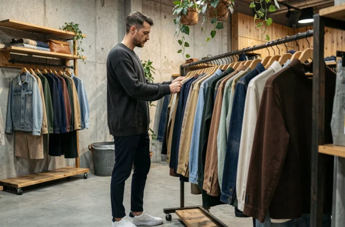 Homme en pull oversize gris chiné explorant un concept store vintage moderne aux murs en béton
