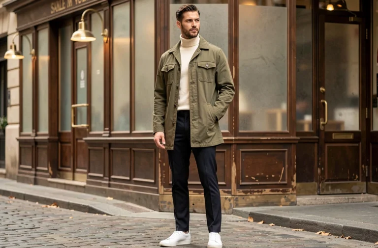 Homme élégant en manteau chore coat olive et col roulé crème dans une rue pavée parisienne, tenue mode masculine tendance automne