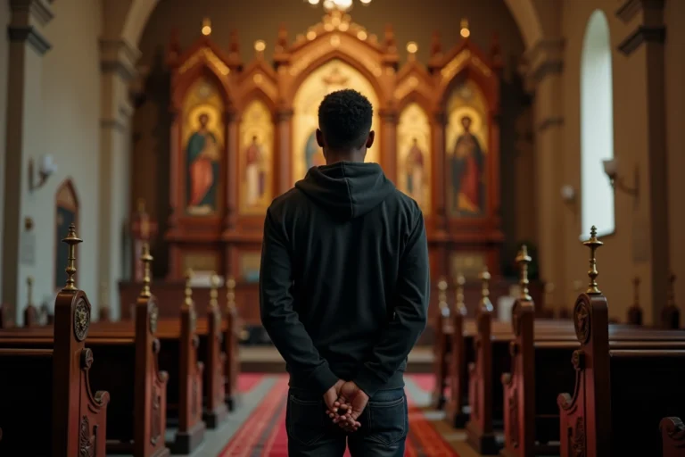 Jeune homme contemplant des icônes religieuses dans une église orthodoxe éthiopienne, évoquant le parcours spirituel de The Weeknd