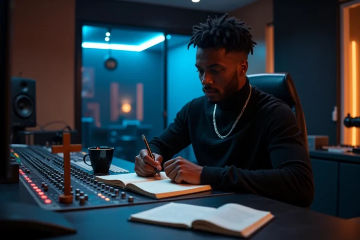 Artiste en studio d'enregistrement avec une croix copte sur la console de mixage, symbolisant la foi et la créativité musicale