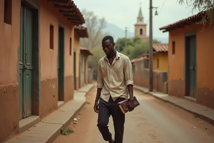 Jeune homme marchant seul dans une rue historique d'Éthiopie tenant une Bible, illustration du lien entre héritage culturel et spiritualité