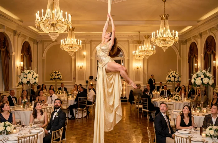Acrobate en tissu aérien en costume ivoire et or se produisant au-dessus des invités lors d'un dîner de mariage