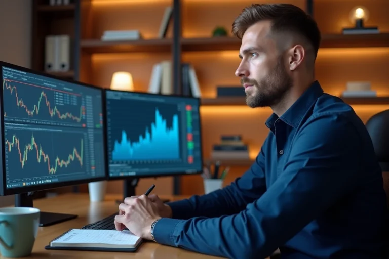 Trader crypto concentré analysant des graphiques blockchain sur plusieurs écrans dans un bureau moderne pour optimiser sa stratégie d'investissement