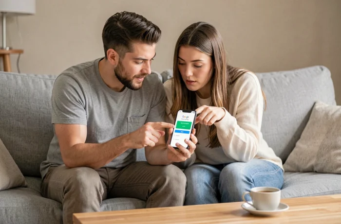 Deux personnes examinant ensemble les options de transfert de solde Google Play sur un smartphone dans un salon