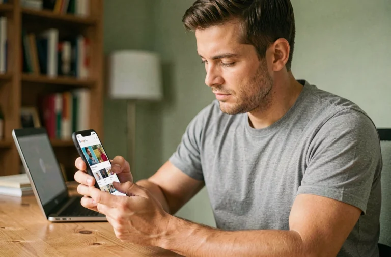 Homme utilisant un smartphone Android pour gérer son solde Google Play Store depuis son bureau à domicile