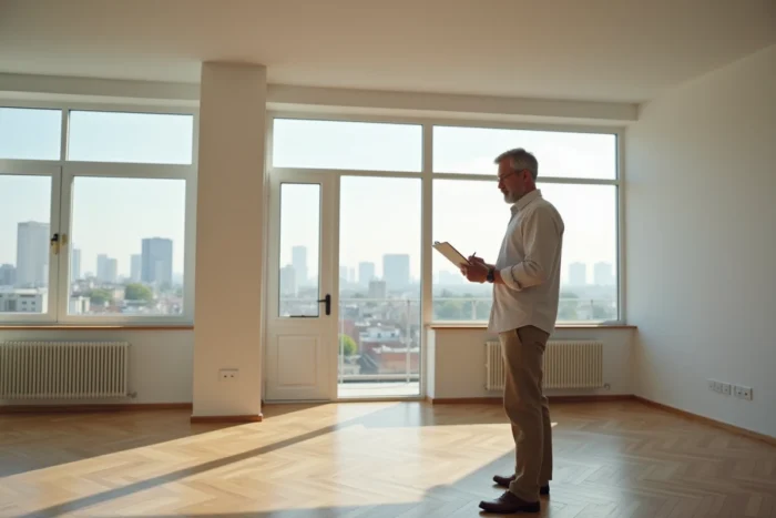 Homme visitant un appartement vide en ville et prenant des notes lors d'une visite immobilière