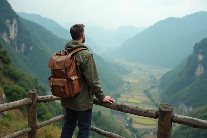 Un voyageur contemplatif observant un panorama de rizières en terrasses et de montagnes brumeuses lors d'un tour du monde