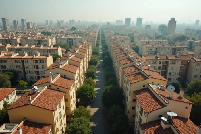 Vue aérienne d'un quartier populaire et dense de Montpellier avec immeubles HLM