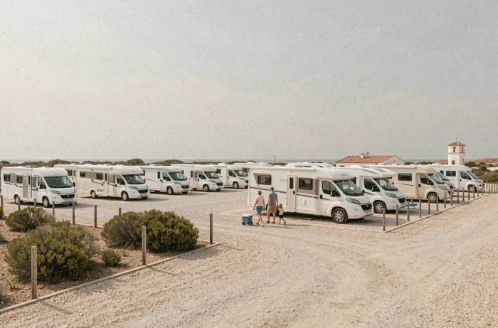 Vue panoramique de l'aire de camping-car de Saintes-Maries-de-la-Mer avec véhicules garés et familles en promenade